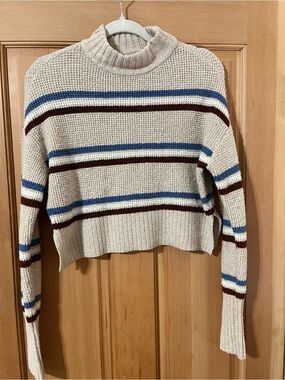 Cropped Cream Striped Knit Sweater with Blue & Brown Accents